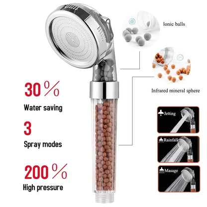 New Filtered  3 Functions High Pressure SPA Shower Head Water Saving Handheld Rainfall Bathroom Accessories Anion Filter Shower